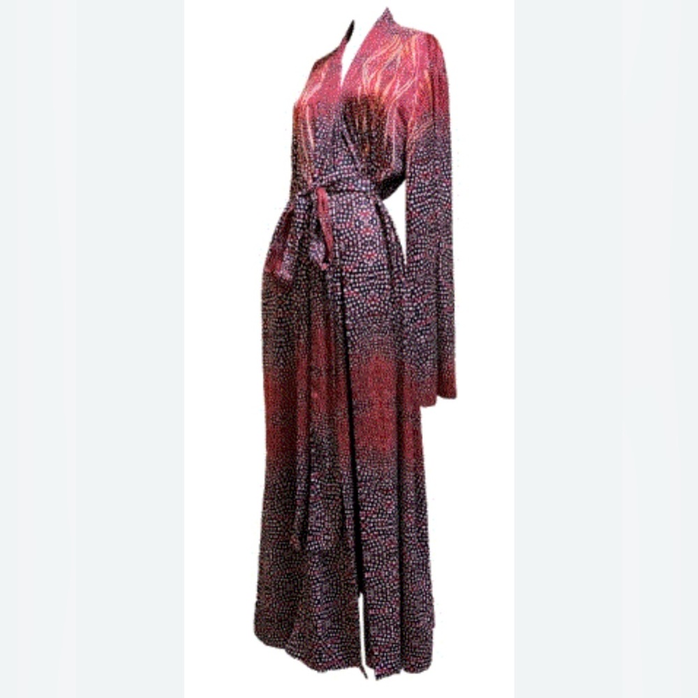 Andrea Iyamah Red and Black Patterned silk kimono robe beach cover 100% silk